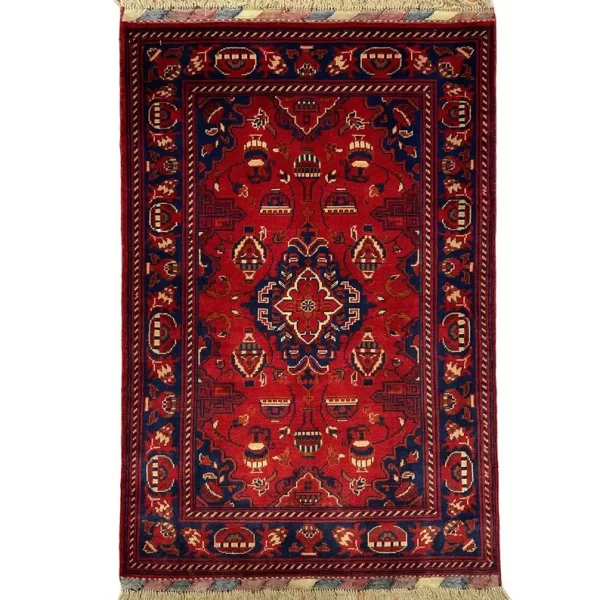 79x120cm Handmade Turkish Red & Blue Wool Carpet – Traditional Floral and Geometric Design from Afghanistan