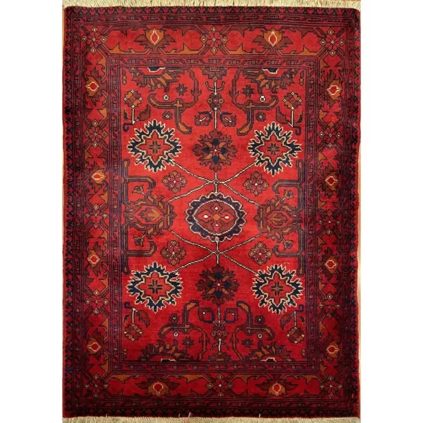 84x118cm Handmade Turkish Wool Carpet – Red and Blue Floral Design from Afghanistan