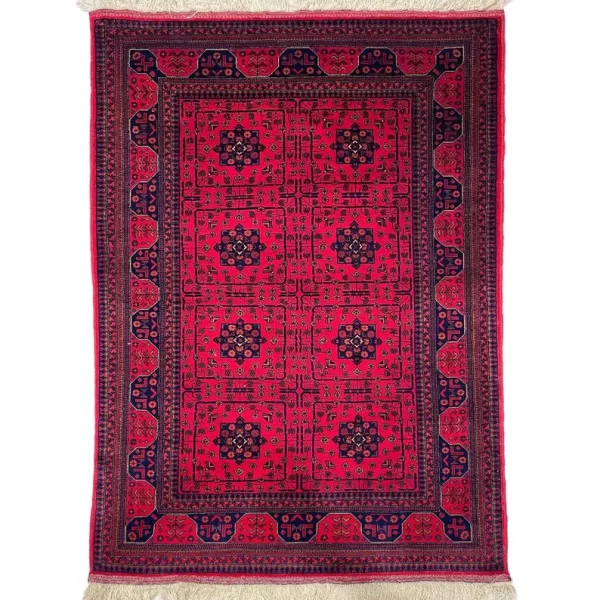 122x184 cm Handmade Turkish Red & Blue Wool Carpet – Traditional Geometric and Floral Design from Afghanistan