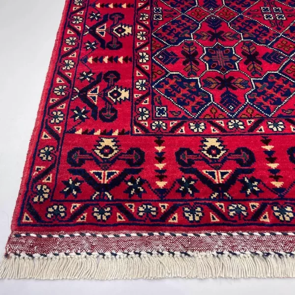 87x146cm Handmade Turkish Red & Blue Wool Carpet – Intricate Geometric Design from Afghanistan - Image 4