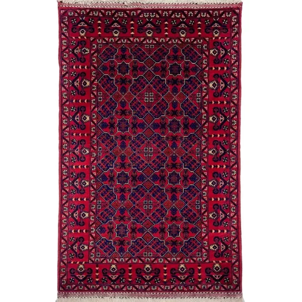87x146cm Handmade Turkish Red & Blue Wool Carpet – Intricate Geometric Design from Afghanistan