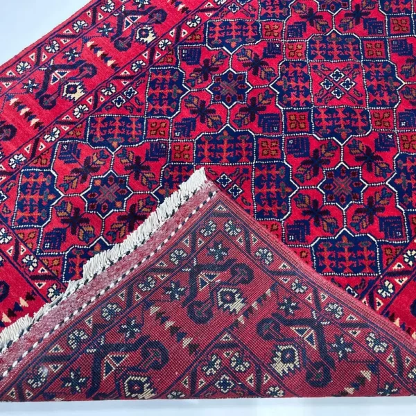 87x146cm Handmade Turkish Red & Blue Wool Carpet – Intricate Geometric Design from Afghanistan - Image 3