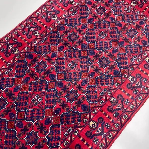 87x146cm Handmade Turkish Red & Blue Wool Carpet – Intricate Geometric Design from Afghanistan - Image 2