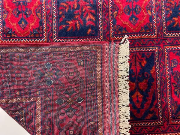102x148cm Handmade Turkish Wool Carpet – Rich Red & Navy Blue Geometric Design from Afghanistan - Image 4