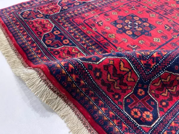 83x117cm Handmade Turkish Wool Carpet – Vibrant Red & Blue Floral and Geometric Design from Afghanistan - Image 4