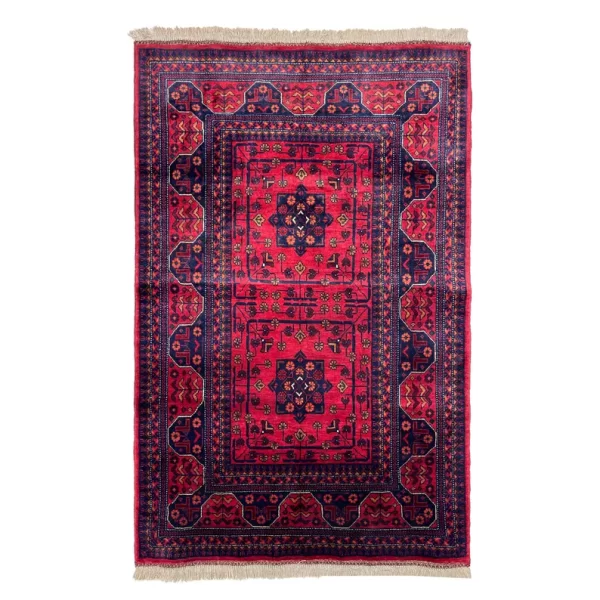 83x117cm Handmade Turkish Wool Carpet – Vibrant Red & Blue Floral and Geometric Design from Afghanistan