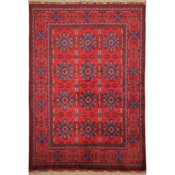 146x204cm Handmade Turkish Wool Carpet – Vibrant Red & Blue Floral Design from Afghanistan