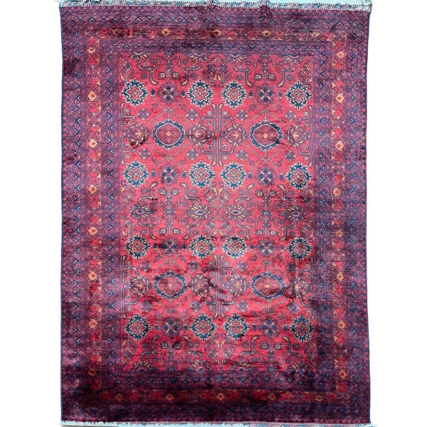 166 X 234cm Handmade Turkish Wool Carpet – Rich Red & Blue Floral and Geometric Design from Afghanistan