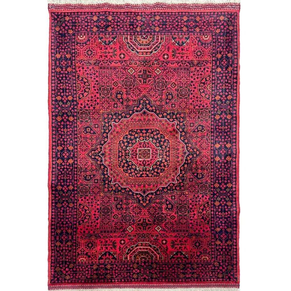 102X152cm Handmade Turkish Wool Carpet – Elegant Red & Blue Floral and Geometric Design from Afghanistan