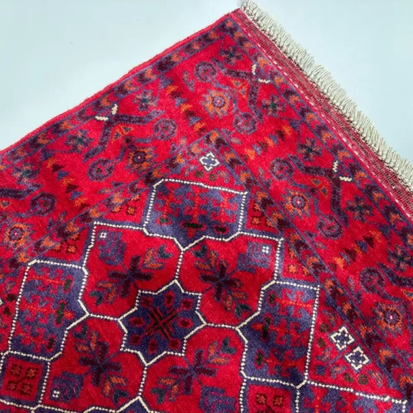 84X121cm Handmade Turkish Wool Carpet – Vibrant Red & Blue Geometric Design from Afghanistan - Image 2