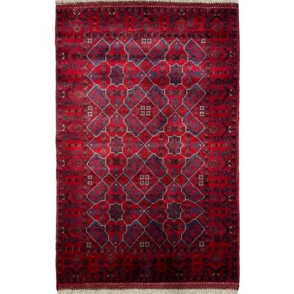 84X121cm Handmade Turkish Wool Carpet – Vibrant Red & Blue Geometric Design from Afghanistan