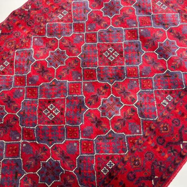 84X121cm Handmade Turkish Wool Carpet – Vibrant Red & Blue Geometric Design from Afghanistan - Image 3
