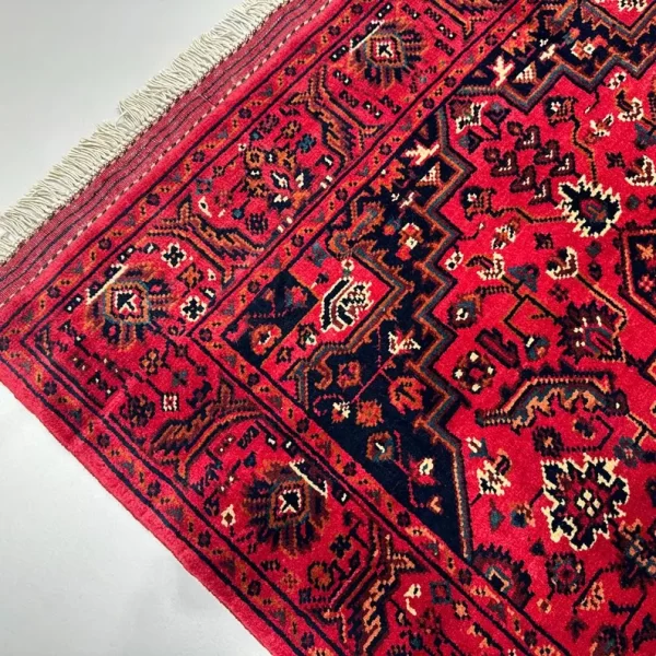 86X122cm Handmade Turkish Wool Carpet – Bold Red & Blue Floral and Geometric Design from Afghanistan - Image 4