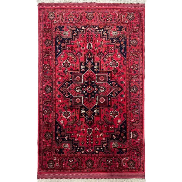 86X122cm Handmade Turkish Wool Carpet – Bold Red & Blue Floral and Geometric Design from Afghanistan