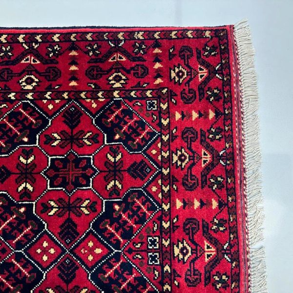 84X127cm Handmade Turkish Wool Carpet – Bold Red & Navy Blue Geometric Design from Afghanistan - Image 5