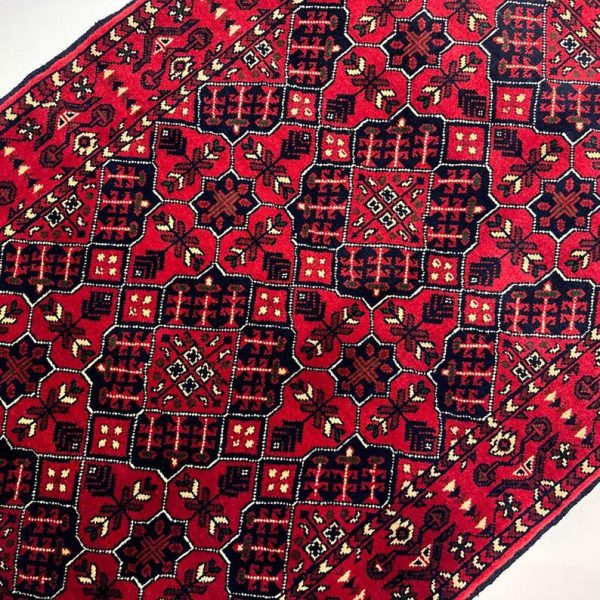 84X127cm Handmade Turkish Wool Carpet – Bold Red & Navy Blue Geometric Design from Afghanistan - Image 6