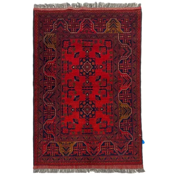 101X149cm Handmade Turkish Wool Rug – Vibrant Red & Blue Geometric Floral Carpet from Afghanistan