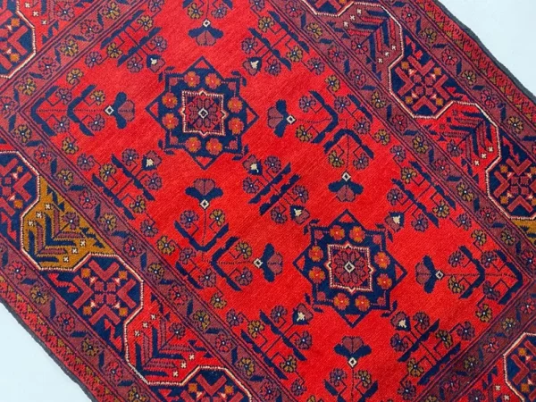 101X149cm Handmade Turkish Wool Rug – Vibrant Red & Blue Geometric Floral Carpet from Afghanistan - Image 3