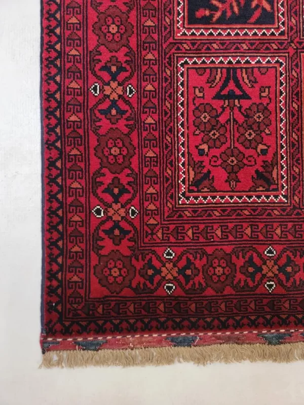 144X200cm Handmade Turkish Wool Rug – Red & Blue Geometric and Floral Design Carpet from Afghanistan - Image 4
