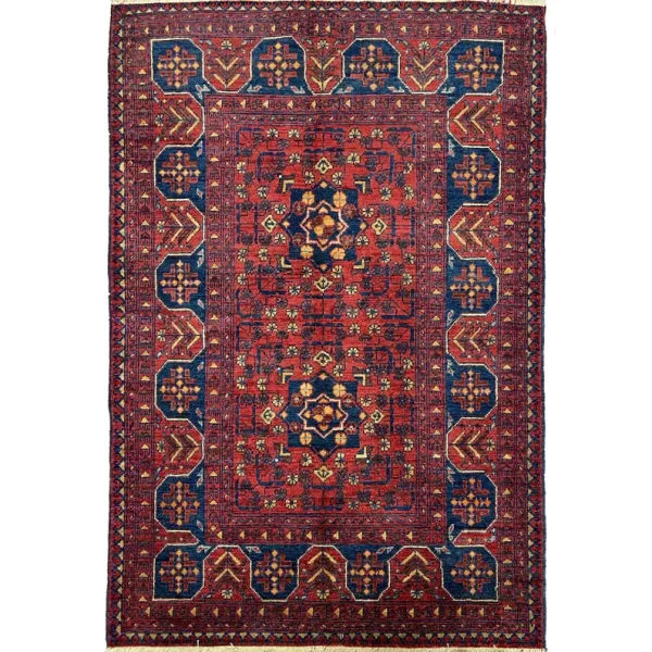 100X145cm Handmade Turkish Wool Rug – Vibrant Red & Blue Geometric Floral Carpet from Afghanistan