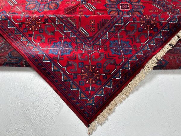 156X202cm Handmade Turkish Wool Rug – Vibrant Red & Blue Geometric Floral Design Carpet from Afghanistan - Image 3