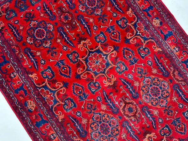 168 X 240 cm Handmade Turkish Wool Carpet – Rich Red & Blue Floral and Geometric Design from Afghanistan - Image 2