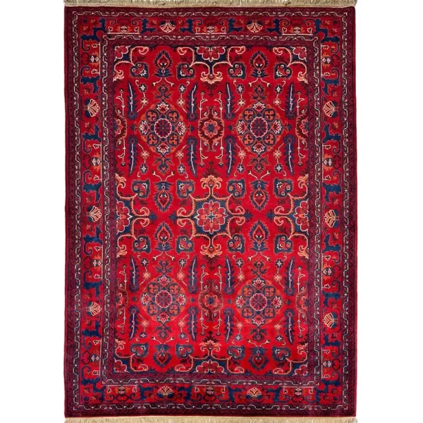 168 X 240 cm Handmade Turkish Wool Carpet – Rich Red & Blue Floral and Geometric Design from Afghanistan