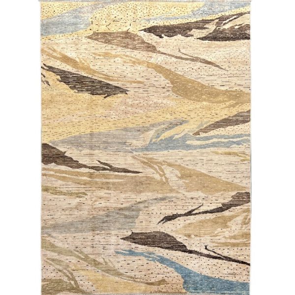 196 X 275 cm Handmade Turkish Wool Rug – Abstract Beige & Blue Modern Design Carpet from Afghanistan