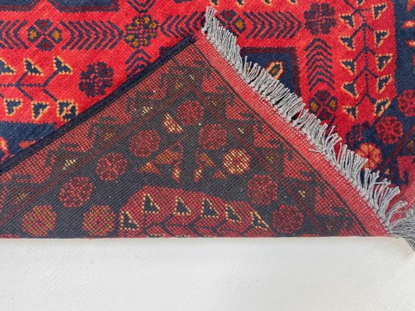 73 X 120 cm Handmade Turkish Wool Rug – Red & Blue Geometric Design with Floral Accents from Afghanistan - Image 5