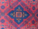 73 X 120 cm Handmade Turkish Wool Rug – Red & Blue Geometric Design with Floral Accents from Afghanistan