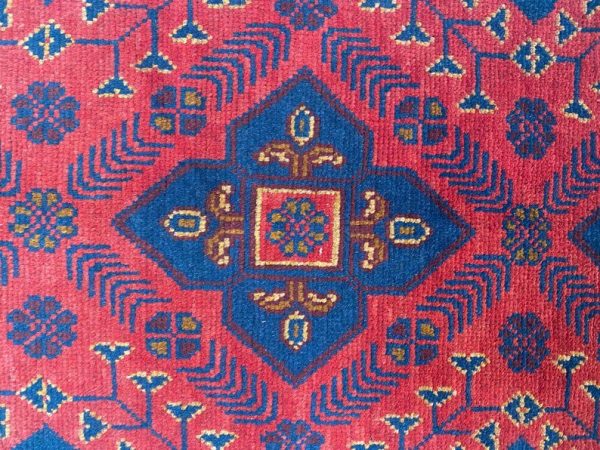 73 X 120 cm Handmade Turkish Wool Rug – Red & Blue Geometric Design with Floral Accents from Afghanistan - Image 6