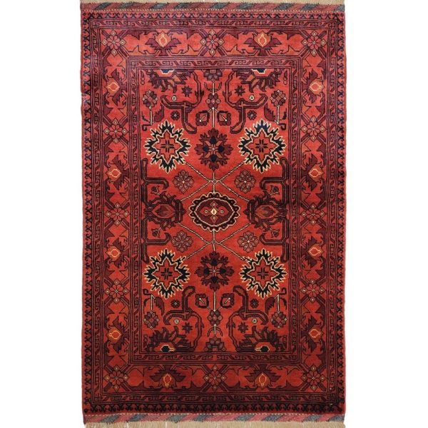 81 X 122 cm Handmade Vintage Turkish Wool Rug – Red & Black Floral Design from Afghanistan