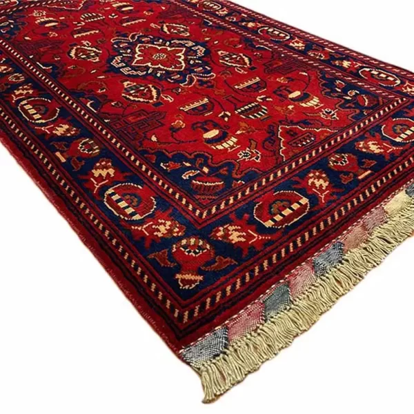 79x120cm Handmade Turkish Red & Blue Wool Carpet – Traditional Floral and Geometric Design from Afghanistan - Image 4