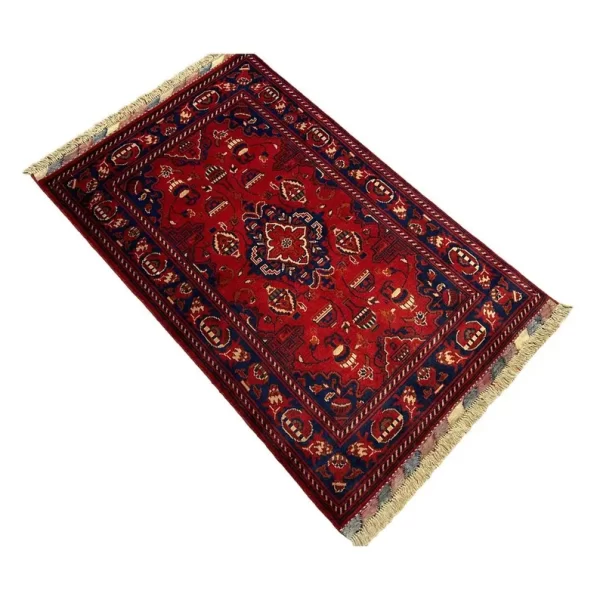 79x120cm Handmade Turkish Red & Blue Wool Carpet – Traditional Floral and Geometric Design from Afghanistan - Image 2