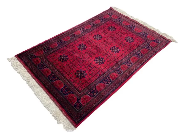 122x184 cm Handmade Turkish Red & Blue Wool Carpet – Traditional Geometric and Floral Design from Afghanistan - Image 4