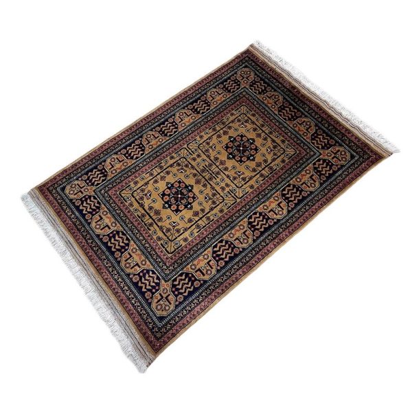 83x121cm Handmade Turkish Wool Carpet – Elegant Yellow and Blue Geometric Design from Afghanistan - Image 2