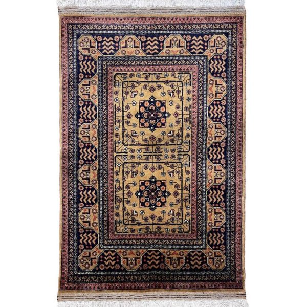 83x121cm Handmade Turkish Wool Carpet – Elegant Yellow and Blue Geometric Design from Afghanistan