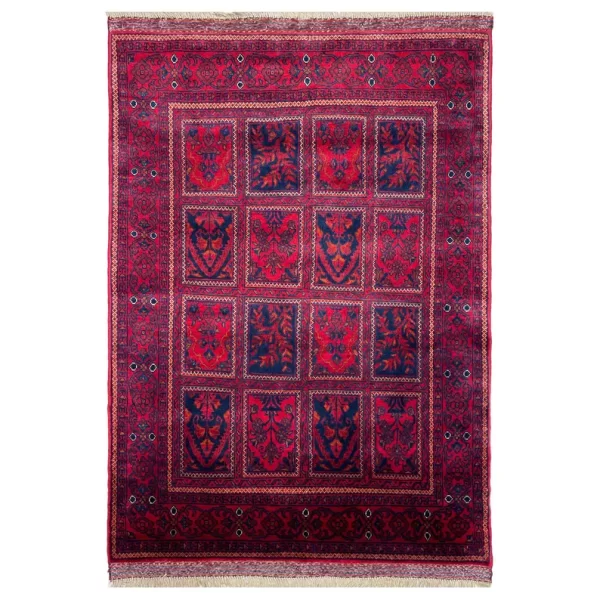 102x148cm Handmade Turkish Wool Carpet – Rich Red & Navy Blue Geometric Design from Afghanistan