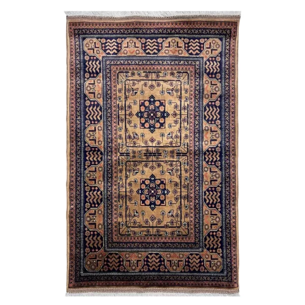 81x123cm Handmade Turkish Wool Carpet – Elegant Yellow and Blue Geometric Design from Afghanistan