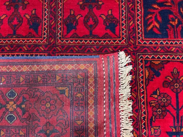 153x197cm Handmade Turkish Wool Carpet – Rich Red & Navy Blue Geometric Design from Afghanistan - Image 4
