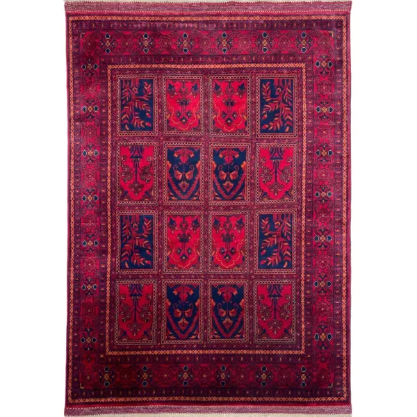 153x197cm Handmade Turkish Wool Carpet – Rich Red & Navy Blue Geometric Design from Afghanistan