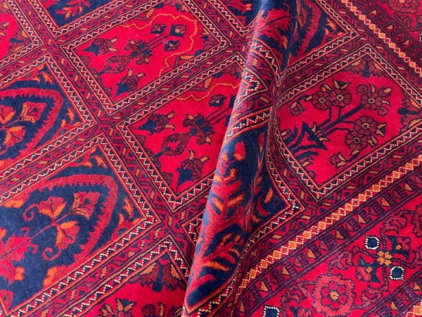 153x197cm Handmade Turkish Wool Carpet – Rich Red & Navy Blue Geometric Design from Afghanistan - Image 2