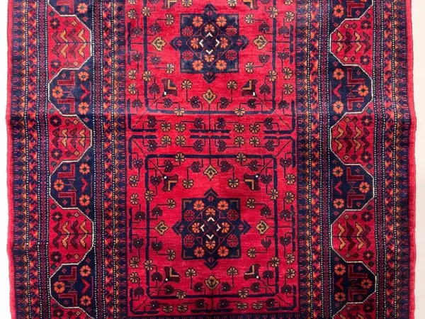 83x117cm Handmade Turkish Wool Carpet – Vibrant Red & Blue Floral and Geometric Design from Afghanistan - Image 3