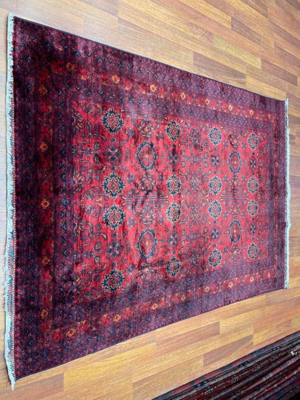 166 X 234cm Handmade Turkish Wool Carpet – Rich Red & Blue Floral and Geometric Design from Afghanistan - Image 3