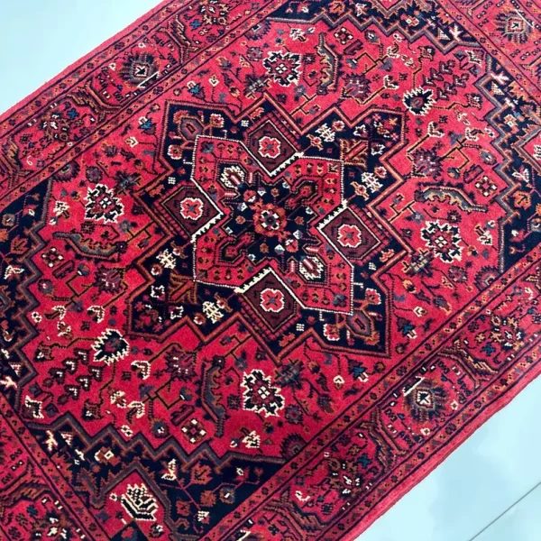 86X122cm Handmade Turkish Wool Carpet – Bold Red & Blue Floral and Geometric Design from Afghanistan - Image 2