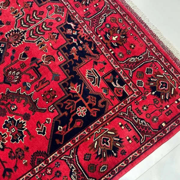 160X210cm Handmade Turkish Wool Carpet – Rich Red & Blue Floral Design from Afghanistan - Image 4