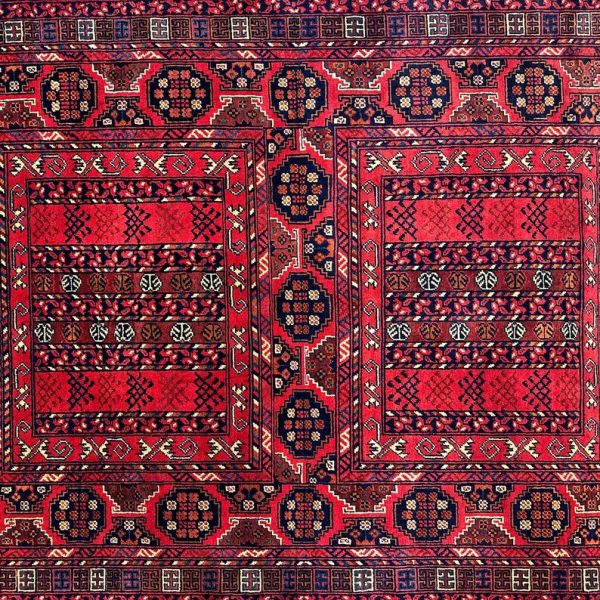 123X180cm Handmade Turkish Wool Carpet – Vibrant Red & Blue Geometric Design from Afghanistan - Image 4