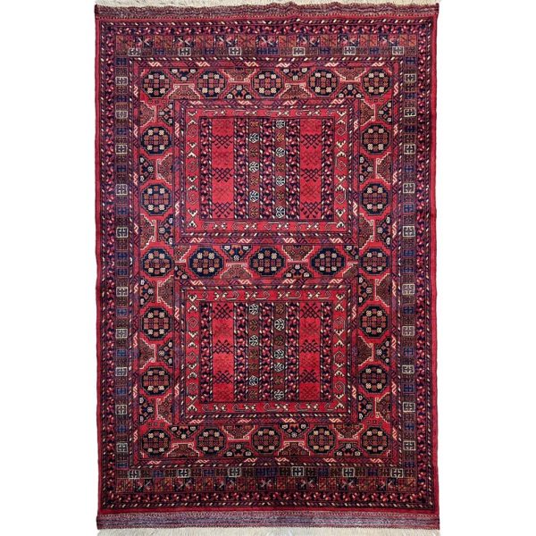 123X180cm Handmade Turkish Wool Carpet – Vibrant Red & Blue Geometric Design from Afghanistan