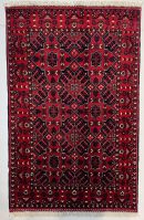 84X127cm Handmade Turkish Wool Carpet – Bold Red & Navy Blue Geometric Design from Afghanistan