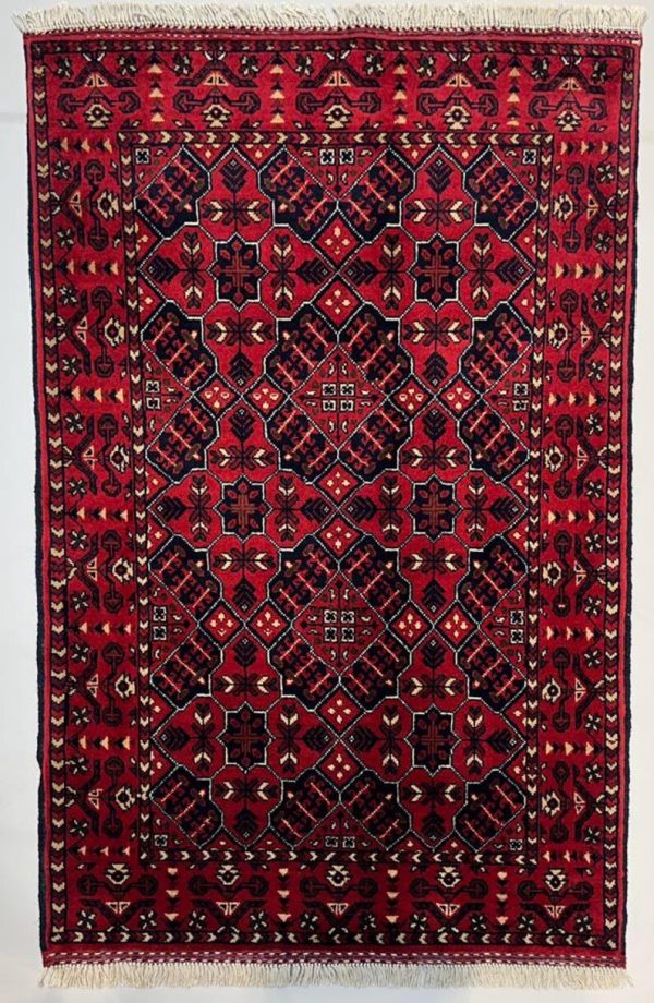 84X127cm Handmade Turkish Wool Carpet – Bold Red & Navy Blue Geometric Design from Afghanistan